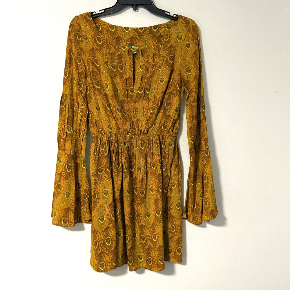 FARM Rio Peacock Feather Mini‎ Dress Long Sleeve Keyhole Neck Elastic Waist M